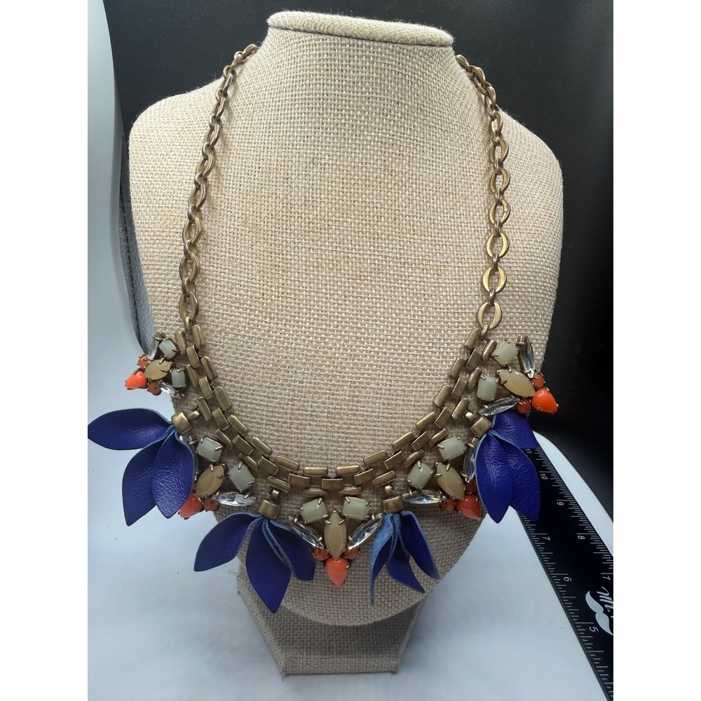 Stella & Dot Blue Leather Petal Bib Necklace Gold Tone Orange Stone Statement